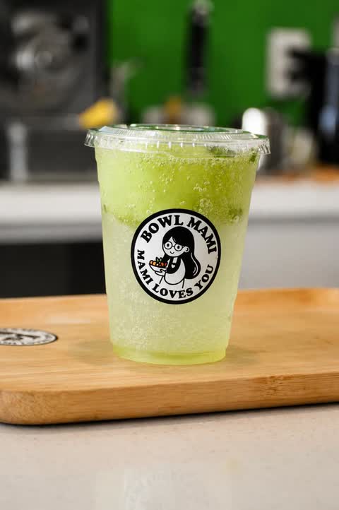 Green iced drink in a Bowl Mami cup